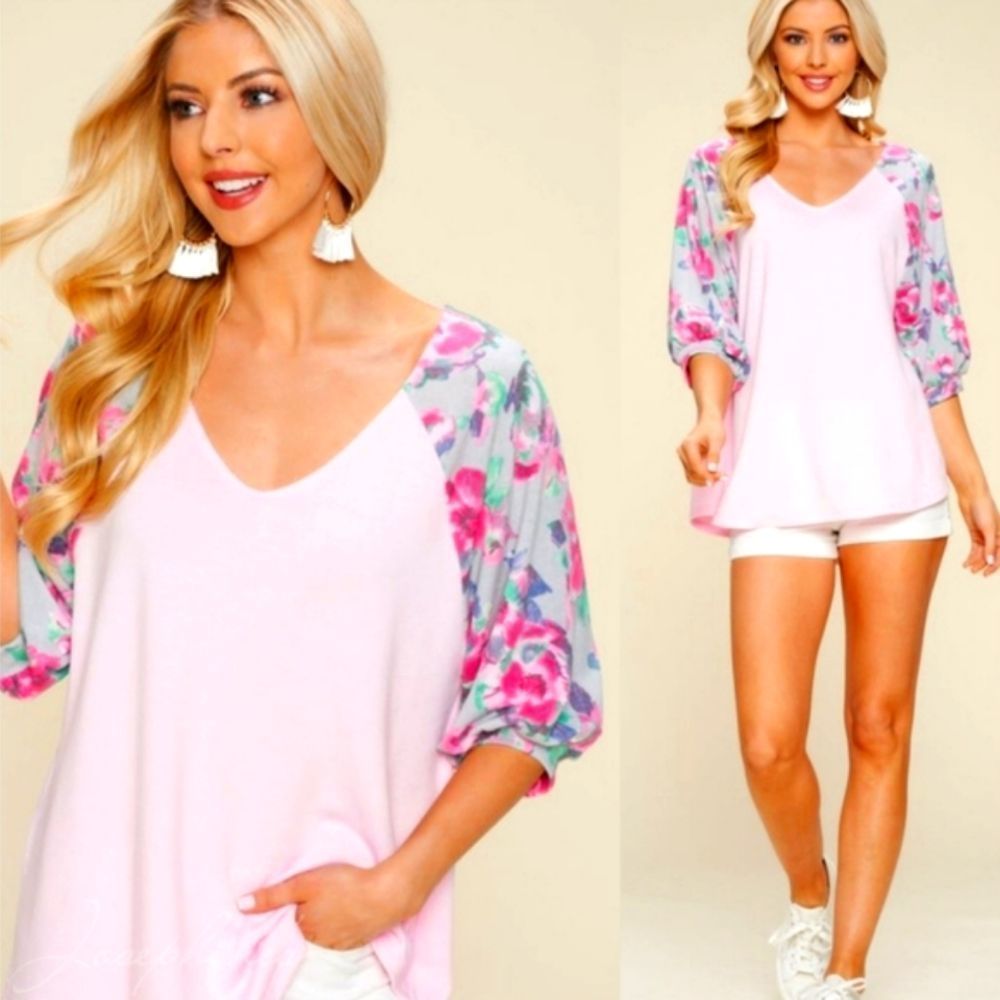 Pink V-Neck Top With Floral Sleeves